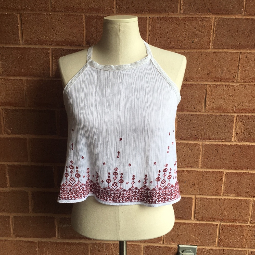 LA Hearts White Red Embroidered Crop Halter Top
